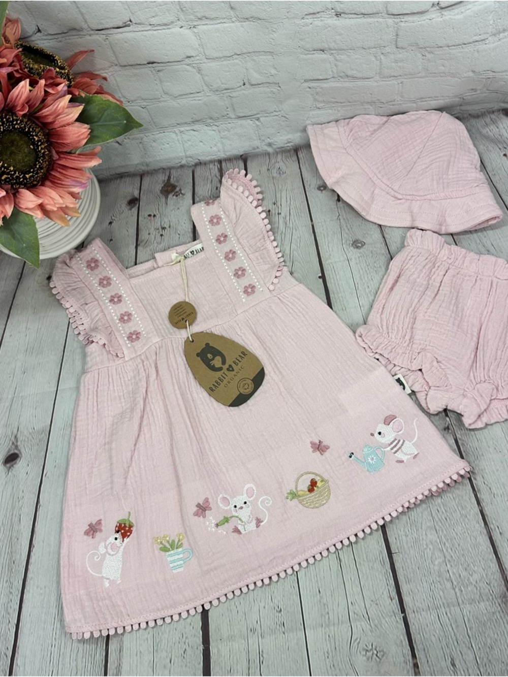 NWT Rabbit + bear Pink Embroidered Dress Set cottage floral butterfly mouse